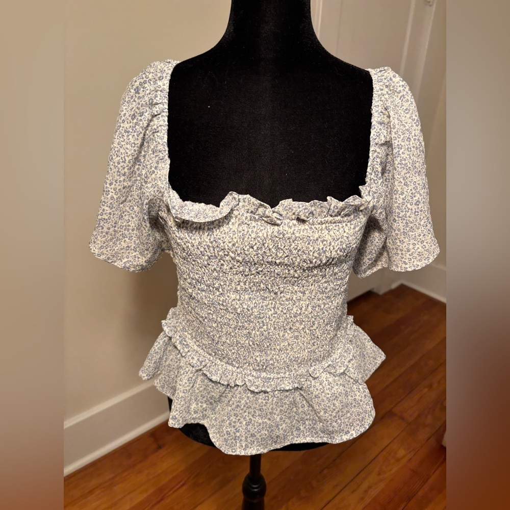 ASTR Blue Floral Ruffle Top